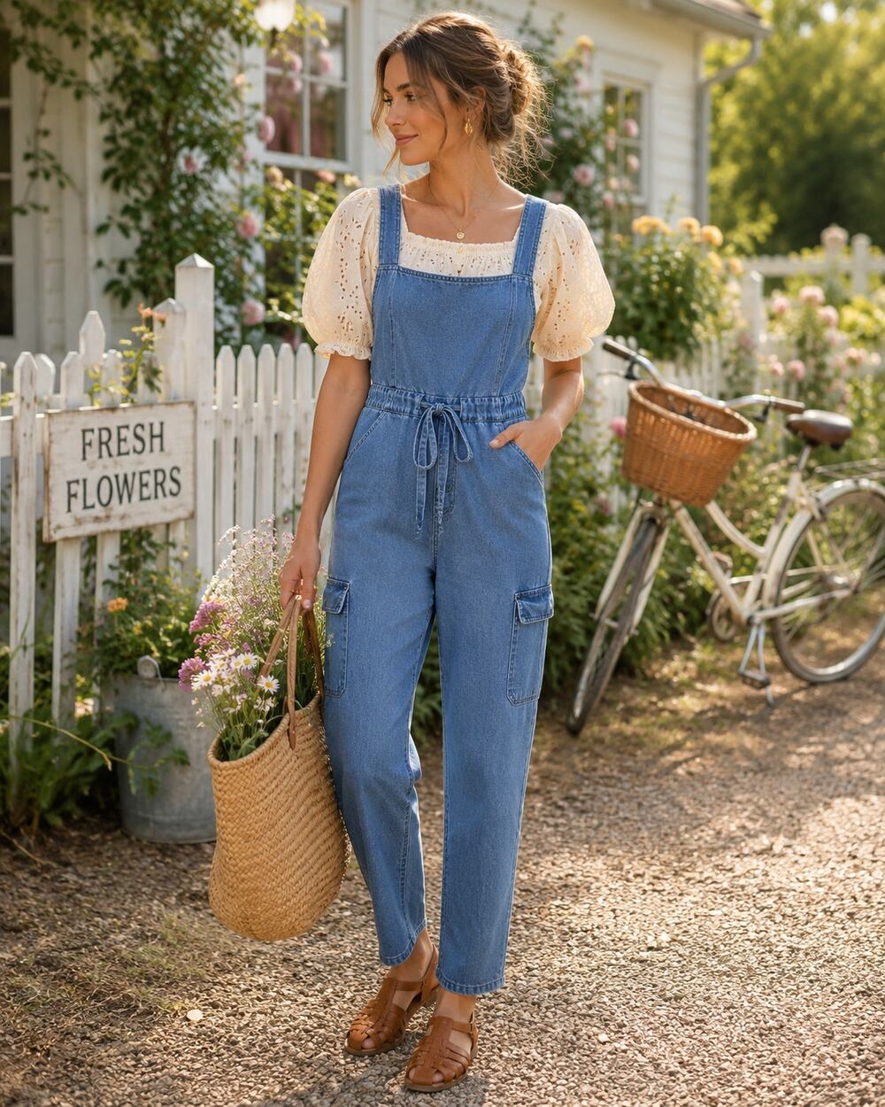 Tinseltown Denim Cargo Jumpsuit M Retro Utility Adjustable Strap Straight Leg